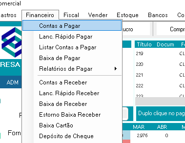 Menu Plano de Contas